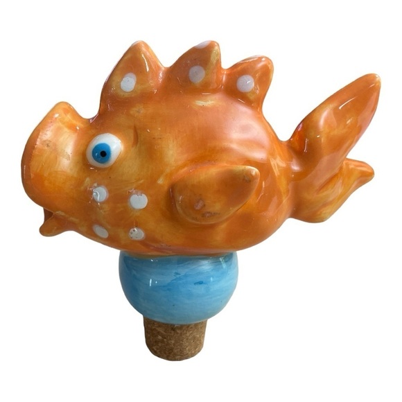 Ceramic Artist Clay Bottle Stopper Beachy Goldfish Whimsical Blue Eyed Polka
Dot - Picture 3 of 11